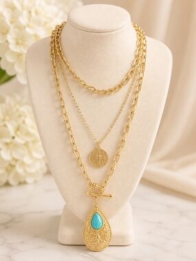 Boho triple necklace with torquoise pendant and medallion